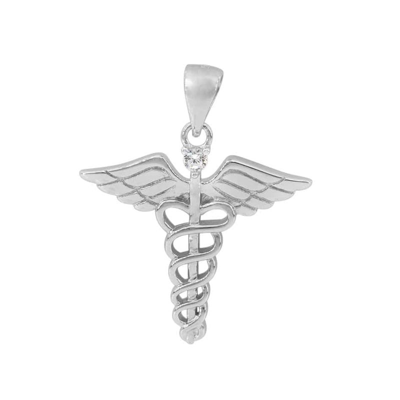 Caduceus Medical Serpent-wreathed Staff Sterling Silver Pendant - Click Image to Close